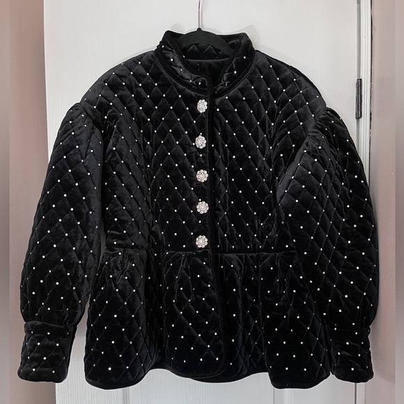 Black Quilted Velvet Rhinestone Studded Jacket - Picture 3 of 8